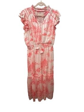 Umgee Floral Tiered Maxi Dress Gold Metallic Accents Elastic Waist Tassel Sz M